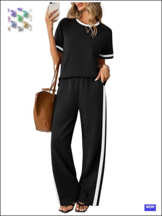 Pants - Women's 2 Piece Lounge Set Short Sleeve Crew Neck Top Wide Leg Pants with